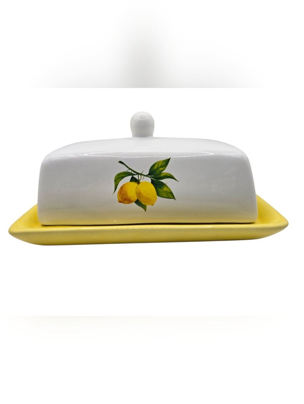 White Lemon Branch Ceramic Butter Dish With Handled Lid Yellow Plate Pre-Owned